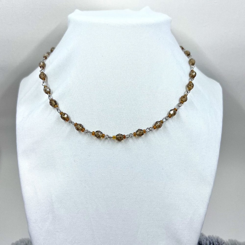 Simple 14” Brown Beaded Chain Linked Choker Necklace